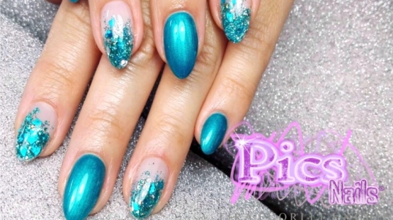 Gel Nails with Glitter Decoration and Gel Nails Color Metal Blue