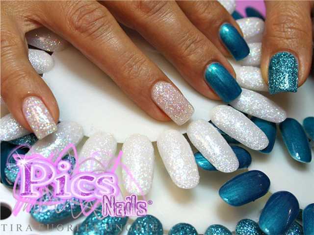 Glitter Gel Nails Pale-Blue and White