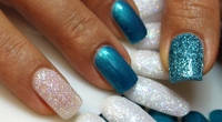 Glitter Gel Nails Pale-Blue and White